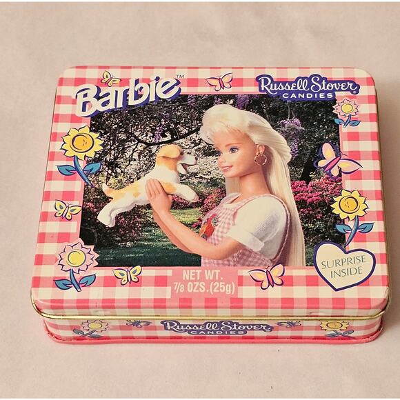 Vintage Barbie Russell Stover Candies Tin Hinged Lid from 1998 Empty (gg267) - Picture 1 of 6